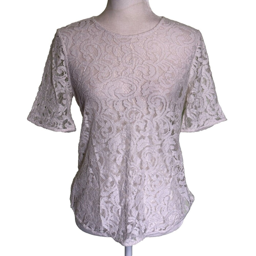 Women White Lace Blouse Short Sleeve Romantic Dressy Top Coquette Elegant Size M